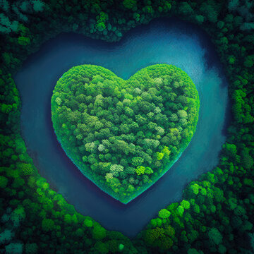Heart shape island in the forest from aerial view in concept of environment caring devotion, water sustainability and global warming protection .