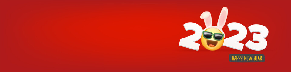 2023 Happy new year horizontal banner with funny smile face with rabbit ears and sunglasses isolated on red background. 2023 new year banner, poster, flyer, cover with funny cute rabbit