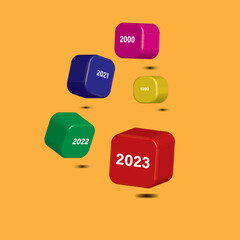 many 3D cubic colors and year 1999 until 2023 with orange background