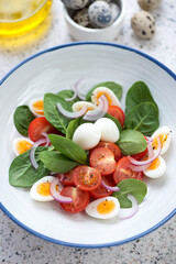 Plate of salad with spinach leaves, red cherry tomatoes, quail eggs and red onion, closeup, vertical shot