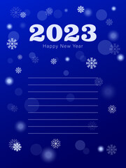 Happy New Year 2023 background. Creative concept for banner, flyer, cover, social media. Winter landscape with snowflakes, lights, stars. 