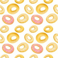 donut pattern illustration 3D realistically, donut crispy fries, modern style, donut watercolor picture, cute background