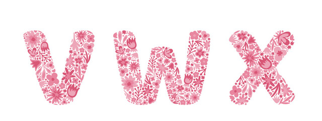 Floral letters V, W, X. Font of pink flowers. Alphabet. Doodle. Vector