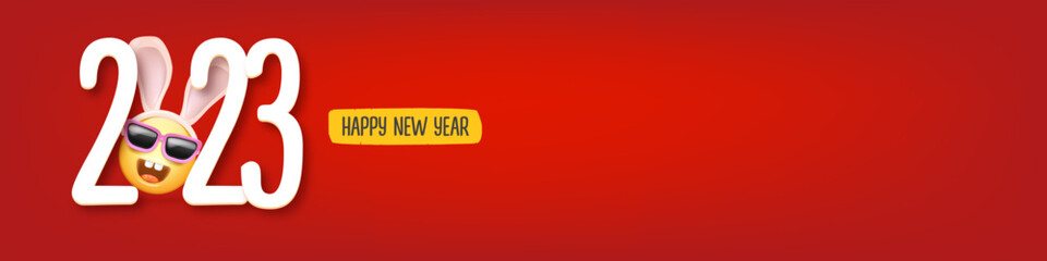 2023 Happy new year horizontal banner with funny smile face with rabbit ears and sunglasses isolated on red background. 2023 new year banner, poster, flyer, cover with funny cute rabbit