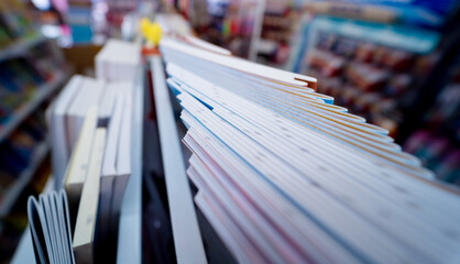 Different books lying on the shelves in the book store