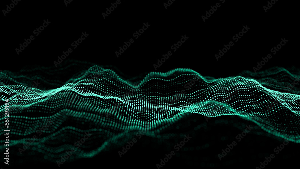Poster Technology green wave with lines. Big data visualization. Analytics representation. Digital background. 3d rendering.