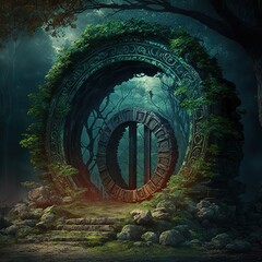 Raster illustration of a portal in the clearing in the forest. mythological portal for teleportation. Magic realism, science fiction, another world, parallel worlds. 3D artwork rendering design, AI
