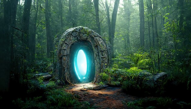 Raster illustration of a portal in the clearing in the forest. mythological portal for teleportation. Magic realism, science fiction, another world, parallel worlds. AI
