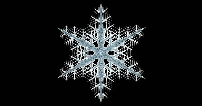 Rotation of one snowflake on a transparent background. Animation close-up png.