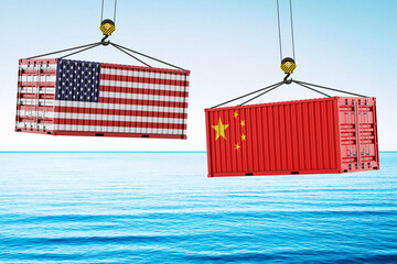 USA and China trade war concept. Port crane lift two cargo containers. Global trade, distribution...