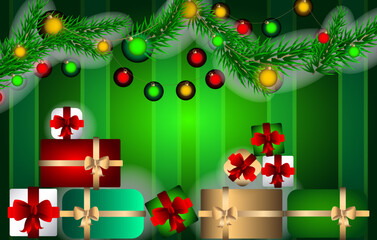 Christmas sparkling bright tree. Merry Christmas and Happy new year. Realistic 3d design of objects, light garlands, snowflake, candy cane, purple colors compositions. Vector illustration