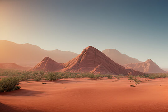 a desert with a mountain in the distance, a detailed matte painting