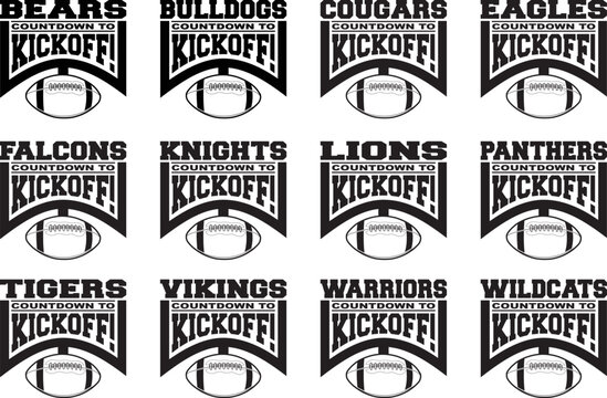 Football Team Design Bundle - Countdown to Kickoff is a collection of team design templates that includes 12 different school designs in one color with text, a graphic goal post and a football.
