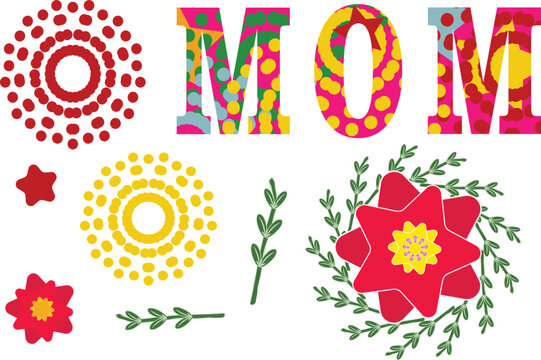 vector isolated set of elements for mom, mothers, with colorfull text, elements for cards, banner, poster for birthday, mother's day, women day. International holiday