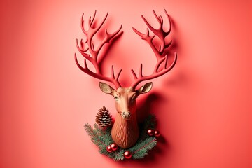 Christmas reindeer concept made of evergreen fir, red bauble decoration and antlers on pastel pink background
