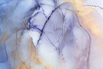 Alcohol ink abstract background. Blue golden luxury acrylic paint in water. Texture of marble. Print pattern