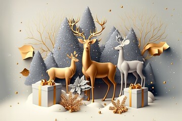 Christmas winter festive composition. Colorful Xmas background realistic 3d decorative design objects, big and small deer, gift boxes, snowy trees, gold confetti. Happy New Year. Vector illustration