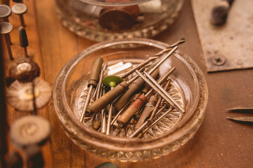 Instruments kit in a large workshop for the manufacture of handmade jewelry