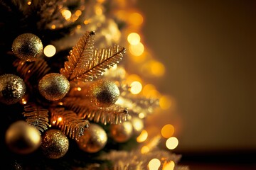 close shot of decorated christmas tree, Gold bokeh background