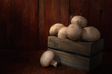 mushrooms in a wooden box