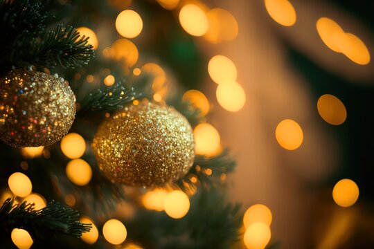 close shot of decorated christmas tree, Gold bokeh background