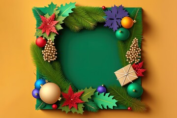 Fototapeta na wymiar color full Christmas frame with gift boxes, paper decorations, jingle bells and spruce branches on colorful background 
