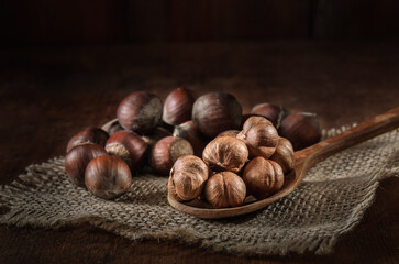 hazelnuts on a burlap napkin