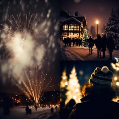 exterior shot of Christmas Celebration, Fireworks in sky, snow, night shot 