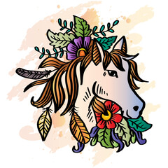 Drawing of horse head with floral decoration