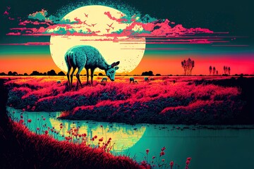 pastoral scene animals grazing on tall grass, otherworldly, cosmic, vivid colors