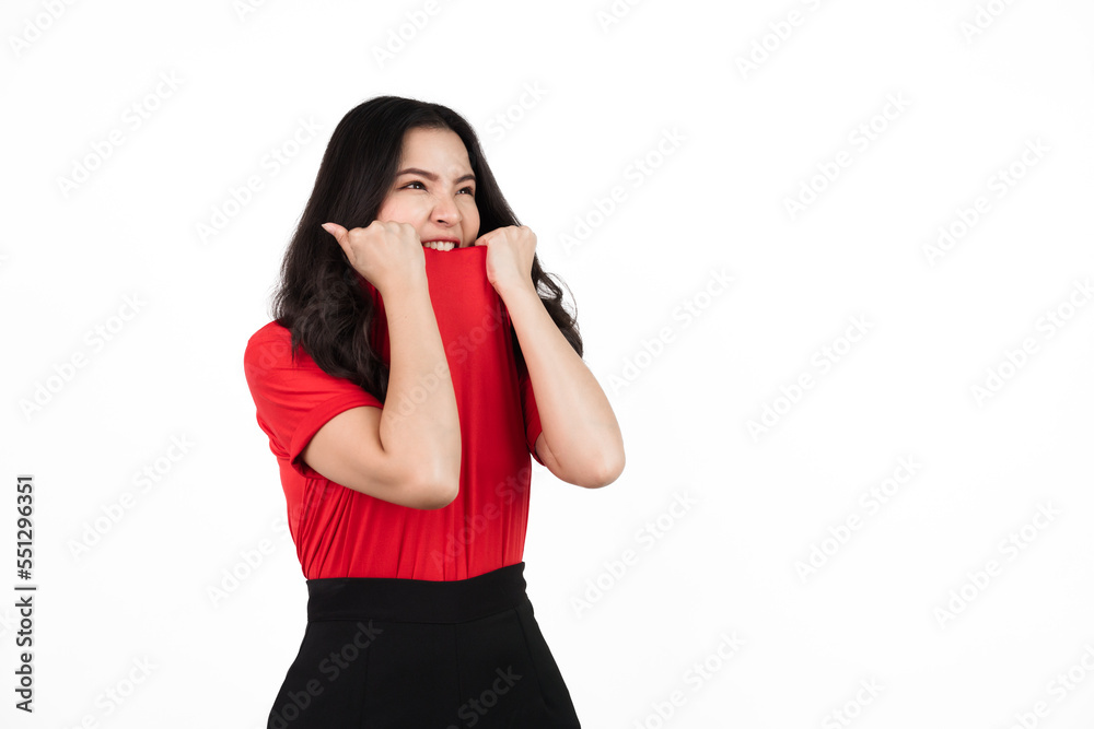 Wall mural Female sports fan isolated, confident asian soccer fans wearing red t-shirt isolated on white background. Happy, shock, win, victory