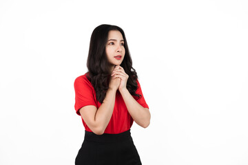 Fototapeta premium Female sports fan isolated, confident asian soccer fans wearing red t-shirt isolated on white background. Happy, shock, win, victory