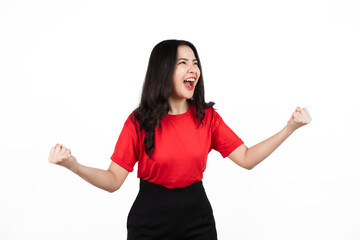 Female sports fan isolated, confident asian soccer fans wearing red t-shirt isolated on white background. cheerful, victory, win, surprise