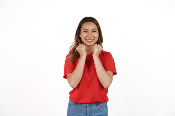 Studio shot of female asian soccer fans with red t-shirt isolated on white background. Sports fan isolated concept.