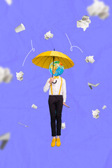 Collage photo concept of young gentleman costume guy hold yellow umbrella protect head planet...