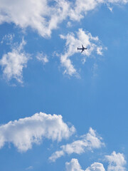 The passenger airplane is flying far away in the blue sky and white clouds. Aircraft in the air. International passenger air transportation. The plane flies in the distance. Vertical illustration