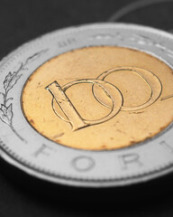Hungarian coin of 100 forints lies on dark black surface close-up. Money of Hungary. News about economy or finance. Loan and credit. Savings and interest. Magyar forint. Vertical stories. Macro