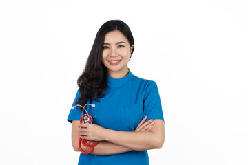 Looking camera, Medical nurse character woman hospital worker, Young confident Asian woman nurse hospital worker in blue clothing isolated on white background.