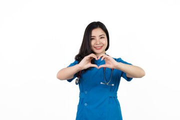 Heart shape hands showing, Medical nurse character woman hospital worker, Young confident Asian woman nurse hospital worker in blue clothing isolated on white background.