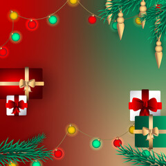 Christmas sparkling bright tree. Merry Christmas and Happy new year. Realistic 3d design of objects, light garlands, snowflake, candy cane, purple colors compositions. Vector illustration