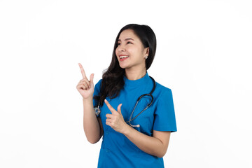 Hands pointing, Medical nurse character woman hospital worker, Young confident Asian woman nurse hospital worker in blue clothing isolated on white background.