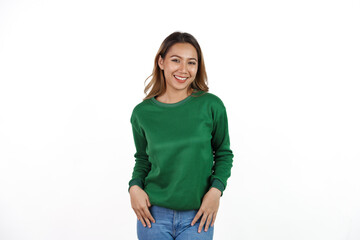 Attractive beautiful asian woman in green sweater isolated on white background.