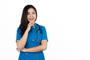 Positive, Medical nurse character woman hospital worker, Young confident Asian woman nurse hospital worker in blue clothing isolated on white background.