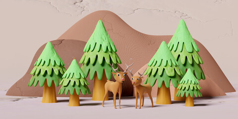 3d mountain landscape with deer, doe, fawn standing on pine forest from plasticine isolated on grey background. clay toy icon concept, 3d illustration render