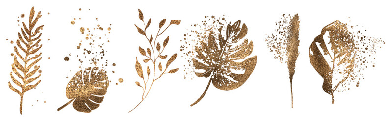 Big hand drawn colorful gold plant set - universally usable. Botanical, chic and trendy plants. Hand drawn lines, elegant leaves for your own design. Flower branch and minimalistic modern plants.