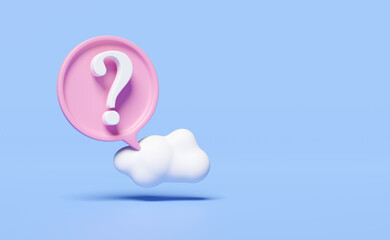 3d white question mark symbol for social media notification icon with cloud, bubble speech isolated on blue background. minimal design concept, 3d render illustration, clipping path