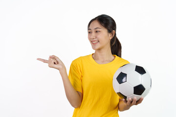 Beautiful female sports fan soccer fans brazil isolated on white background.