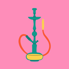 Hookah card. Modern drawing lounge bar or smoke shop poster, arabic tobacco smoking equipment. Calabash with glass flask and tube, bright contemporary vector cartoon flat isolated illustration