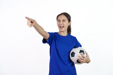 Beautiful young soccer female sport fans with blue t-shirt isolated on white background.