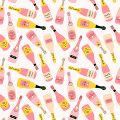 Champagne bottle seamless pattern. Cartoon modern wine. Doodle drawing contemporary print. Alcoholic drink for celebration new year, wedding and birthday. Festive party beverage, vector background